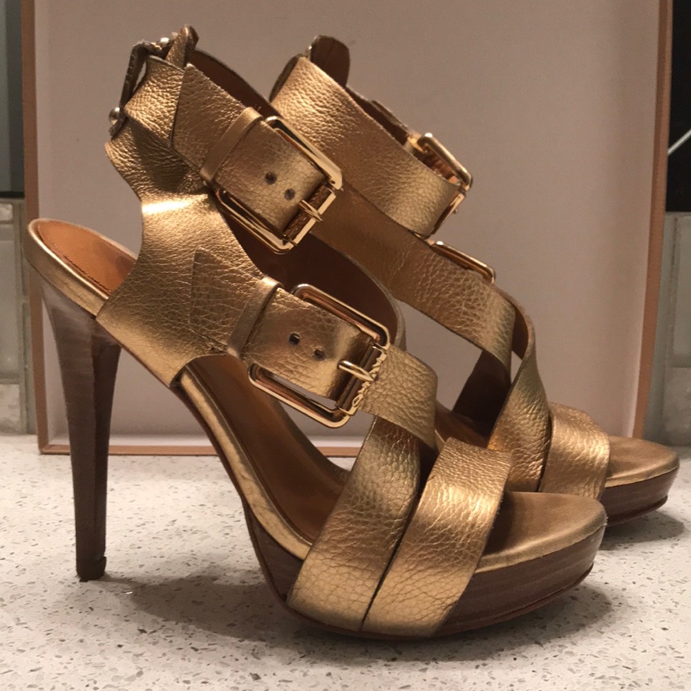 Michael Kors gold buckle ankle strap heels.